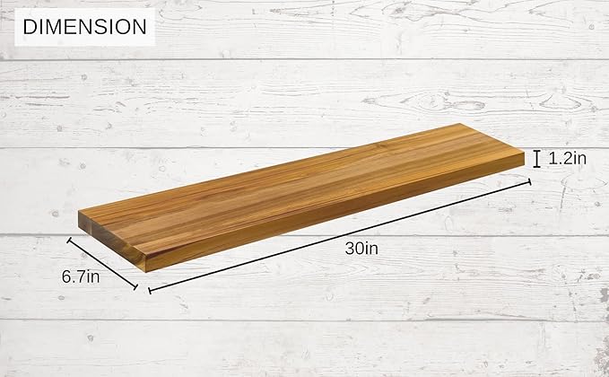 Teak Wood Floating Shelves Perfect for Bathroom Décor Pack of 2 Wooden Wall Shelves for Bedroom Living Room Kitchen Simple Minimalist Home Décor 30” x 6.7”