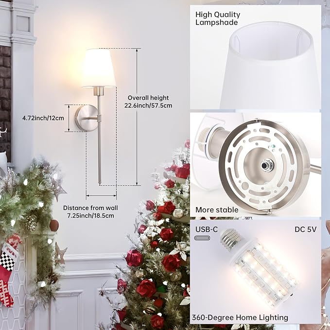 Battery Operated Wall Sconces Set of 2, 80H Usage Time 22.6