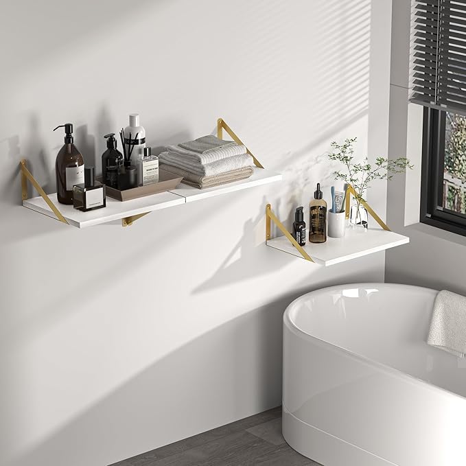 Heimlove Deep Floating Shelves for Wall, 16W x 12D Wood Wall Shelves Set of 2, Wide Floating Bookshelf for Living Room, Kitchen, Office, Bedroom and Decor Storage, with Golden Bracket - White & Gold