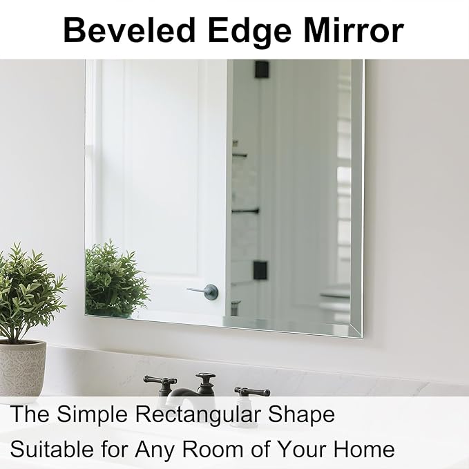 Ruomeng Frameless Mirror for Wall, 48x36 Inch Bathroom Vanity Mirror Farmhouse, Large Rectangle Mirror with Beveled Edge, Tempered Glass, Hangs Horizontally or Vertically