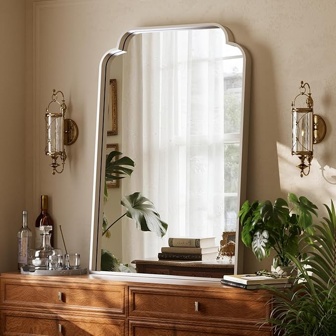 GLSLAND 24"x36" Petal Arch Bathroom Mirror – Modern Metal Frame Vanity Mirror with Scalloped Edge for Over Sink, Bedroom, Living Room, Entryway, Non-Rusting Decorative Wall Mirror, Silver