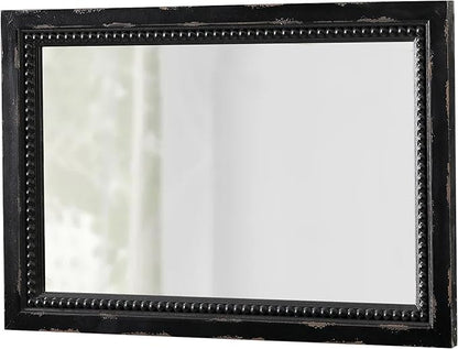 Rustic Black Mirror with Beaded Detailing 29 X 20 Inch, Wall Hanging Distressed Wood Frame Rectangular Gothic Wall-Mounted Mirrors for Living Room Bathroom Entryway, Horizontal or Vertical