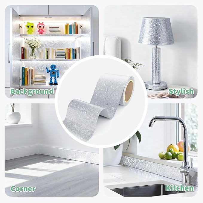 Peel and Stick Wallpaper Borders 390” x 4” Self Adhesive Mirror Frame Border Glitter DIY for Kitchen Bathroom Mirror Removal Border Sticker Wall Decor Cover 10.8 Sq.Ft, Sliver Glitter