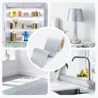 Peel and Stick Wallpaper Borders 390” x 4” Self Adhesive Mirror Frame Border Glitter DIY for Kitchen Bathroom Mirror Removal Border Sticker Wall Decor Cover 10.8 Sq.Ft, Sliver Glitter