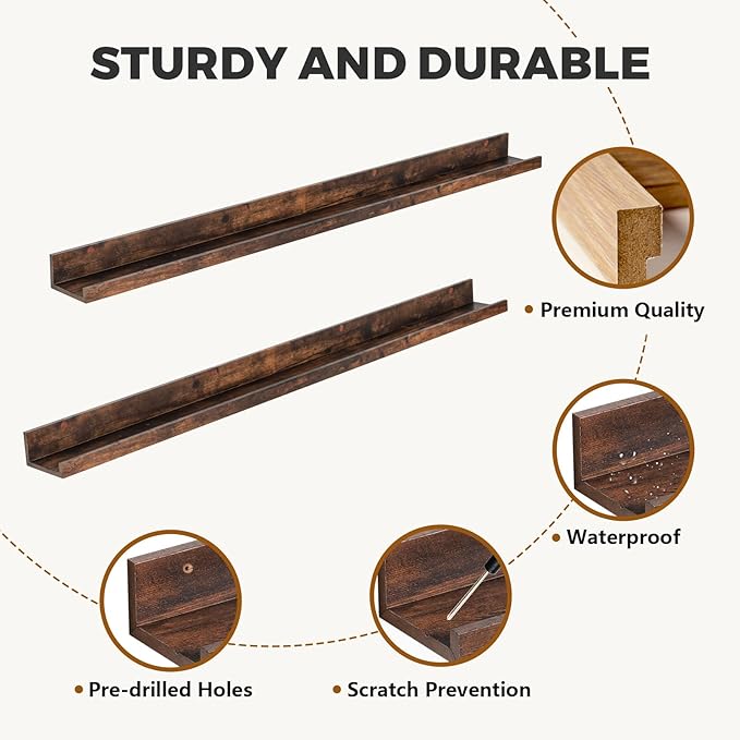 Muzilife 55" Large Floating Wall Ledge Shelves with Lip - Set of 2 Rustic Wood Floating Shelves - Honey Brown Wall Mounted Picture Ledge for Office, Bathroom, Bedroom, Living Room, Kitchen
