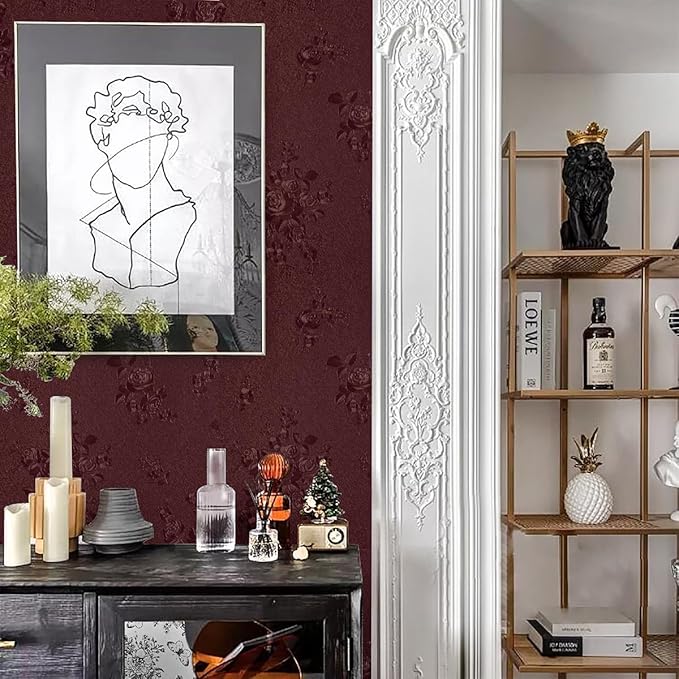 Dark Red Peel and Stick Wallpaper Floral Textured Wallpaper 17.7inch x 393.7inch Red Embossed Contact Paper Self Adhesive for Shelf Liner Crimson Flower Removable Wall Paper Decor Vinyl