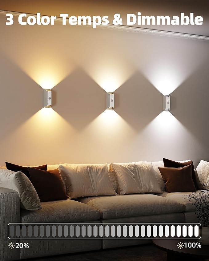 EZVALO Motion Sensor Wall Lights, 4000mAh Rechargeable Battery Operated Wall Sconces Set of 2, 3 Color Temps, Dimmable, Wireless Magnetic Night Light with Remote, Timer, for Stair, Hallway, Bathroom