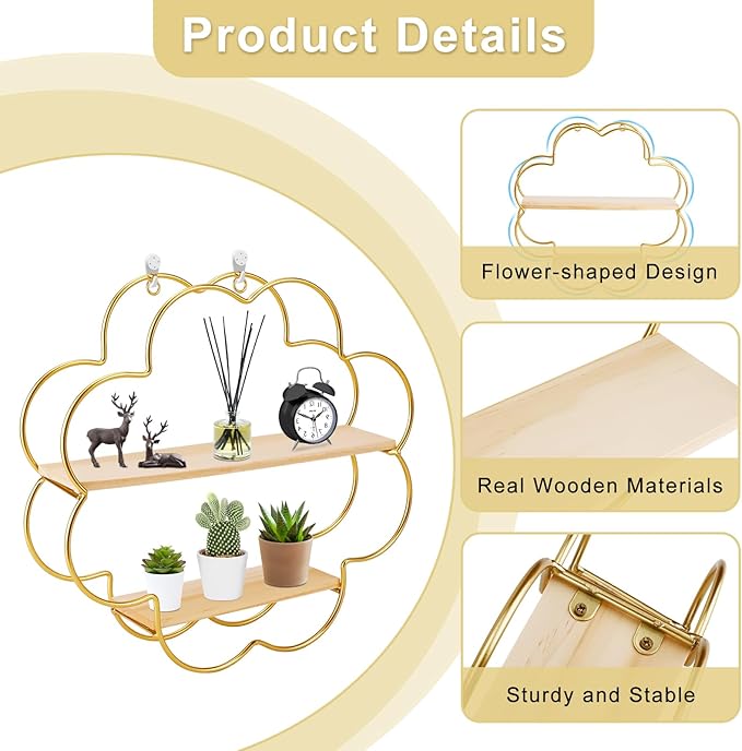 Floating Shelves for Wall, Wooden 2-Tier Wall Mounted Shelves, Flower Shape Hanging Bathroom Shelves, Shower Shelf Bathroom Accessory for Bedroom Kitchen Living Room Office