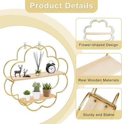 Floating Shelves for Wall, Wooden 2-Tier Wall Mounted Shelves, Flower Shape Hanging Bathroom Shelves, Shower Shelf Bathroom Accessory for Bedroom Kitchen Living Room Office