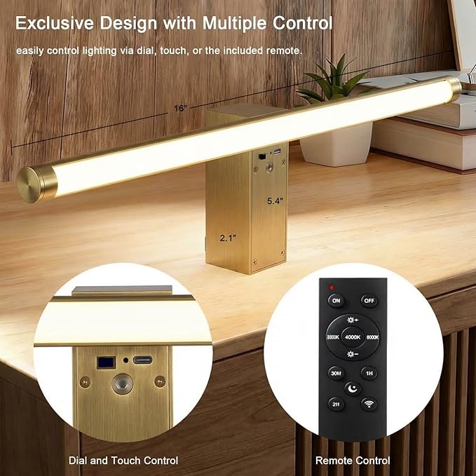 Picture Lights for Wall Battery Operated, Rechargeable Wireless Lights for Pictures on Wall with 3 Color Dimmable Remote for Painting Gallery Dartboard Poster Bedroom Frame Art Decor - Gold 16 inch
