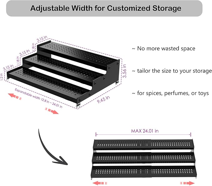 3-Tier Expandable Metal Spice Rack Organizer for Cabinet & Pantry, Adjustable 12.8-24