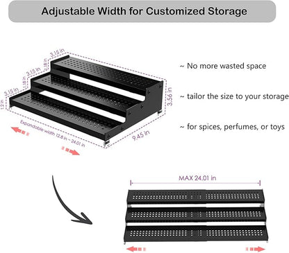 3-Tier Expandable Metal Spice Rack Organizer for Cabinet & Pantry, Adjustable 12.8-24" Heavy Duty Step Shelf for Kitchen Countertop, Spices, Perfumes & Mini Figures, Non-Slip(BLACK,2PACK)