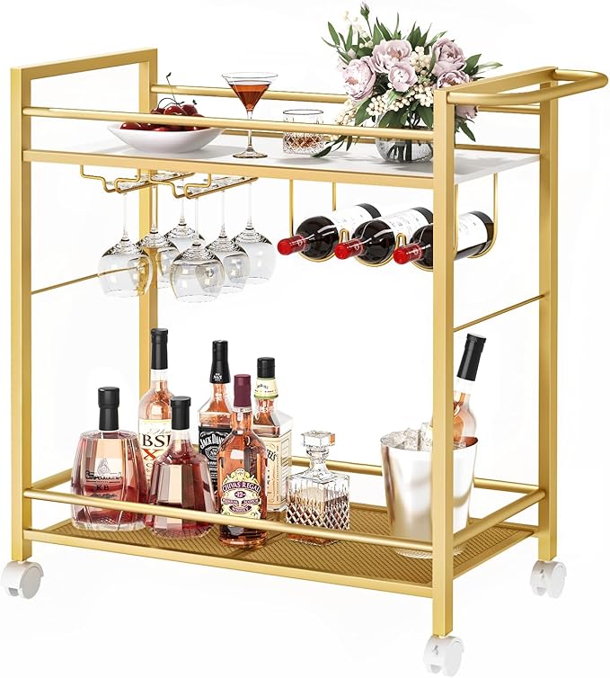 Bar Cart,Home Bar Serving Cart with Storage Shelves, 2 Tier Rolling Beverage Cart with Wheels, Modern Wine Cart with Wine Rack and Glass Holder for Kitchen, Living Room,Dinning Room,Gold