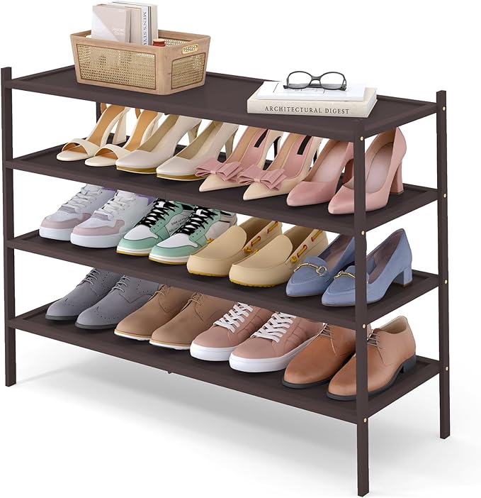 Smiry Bamboo Long Shoe Rack, 4 Tier Shoe Organizer for Entryway & Closet, Stackable Free Standing Storage Shelf for Shoes, Bags & Plants, Brown