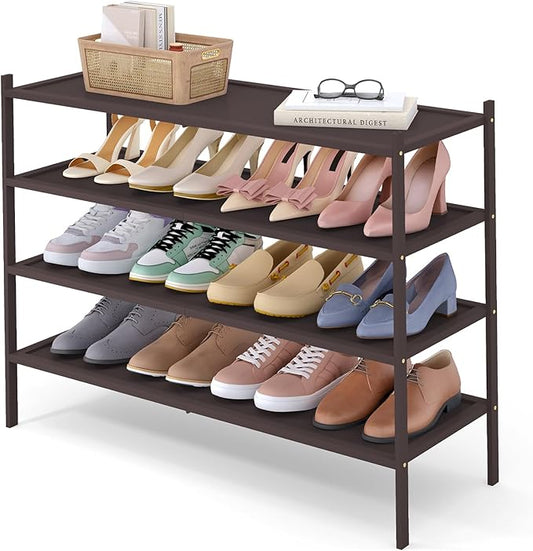 Smiry Bamboo Long Shoe Rack, 4 Tier Shoe Organizer for Entryway & Closet, Stackable Free Standing Storage Shelf for Shoes, Bags & Plants, Brown