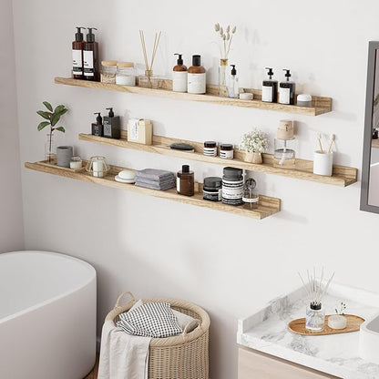 Floating Shelves for Wall, 55 inch Solid Wood Picture Ledge Shelf for Wall Storage, Nursery Book Shelves with Lip for Living Room Bathroom Bedroom Kitchen, Set of 3, Carbonized Black