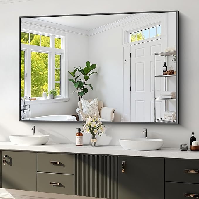 Koonmi Black Framed Bathroom Mirror - Shatterproof 36"x55" Tempered Glass, HD No Distortion, Horizontal/Vertical Mount, Modern Matte Aluminum Alloy Frame