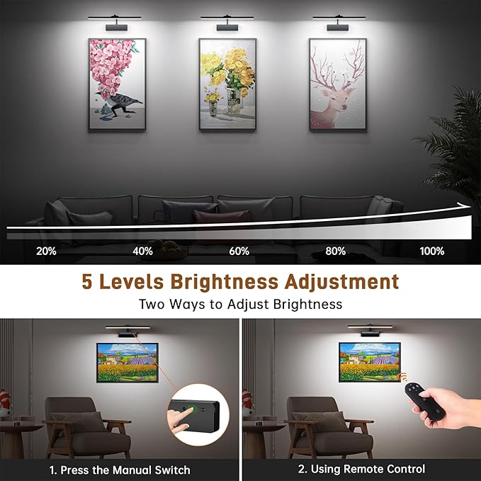 Picture Light, 15.35inch Wireless Picture Lights for Wall Rechargeable, 5400mAh Battery Wall Light with Remote, 3 Color Art Lighting for Paintings with Timer and Dimmable for Display, Gallery (Black)