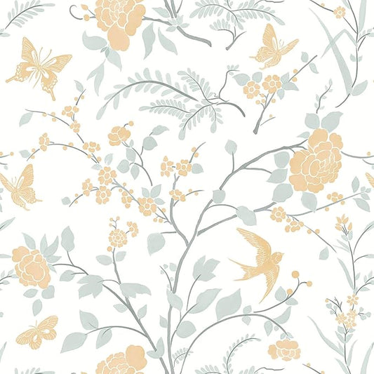 Yellow Wallpaper Floral Peel and Stick Wallpaper Boho Light Blue and Yellow Wall Paper Bird Botanical Contact Paper for Cabinets Renter Friendly Self-Adhesive Bathroom Bedroom 393"×17.3"