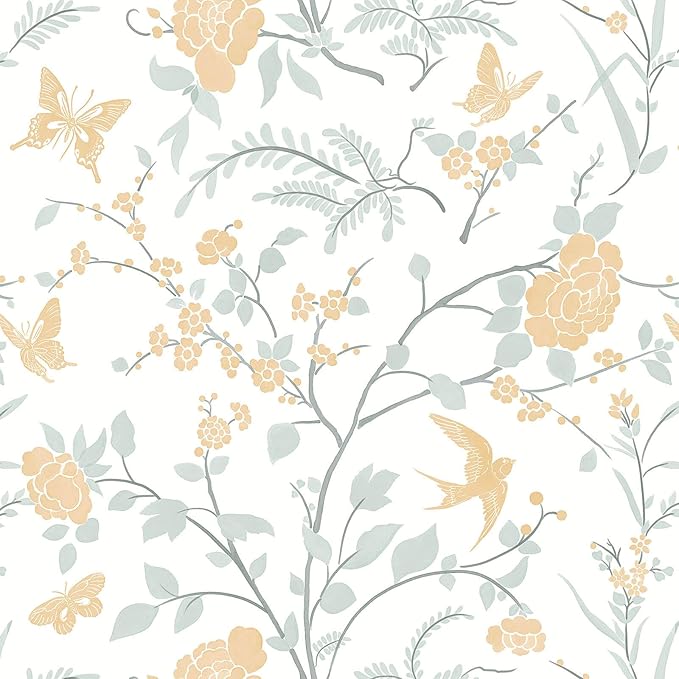 Vintage Wallpaper Floral Peel and Stick Wallpaper Boho Light Blue and Yellow Wall Paper Bird Botanical Contact Paper for Cabinets Renter Friendly Self-Adhesive Bathroom Bedroom 1.44' x 32'