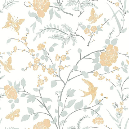 Vintage Wallpaper Floral Peel and Stick Wallpaper Boho Light Blue and Yellow Wall Paper Bird Botanical Contact Paper for Cabinets Renter Friendly Self-Adhesive Bathroom Bedroom 1.44' x 32'