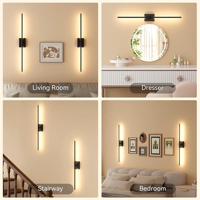 Ouyulong Battery Operated Wall Sconces Set of 2, 10000mAh Wireless Rechargeable 3000-6000K Dimmable 350° Rotate Wall Light with Remote for Living Room, Bedroom 27.6in Black