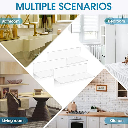 Maitys 8 Pcs Acrylic Floating Shelves 9 Inches Adhesive Wall Mounted Shelves No Drill Hanging Acrylic Wall Display for Living Room Bathroom Bedroom Kitchen Office
