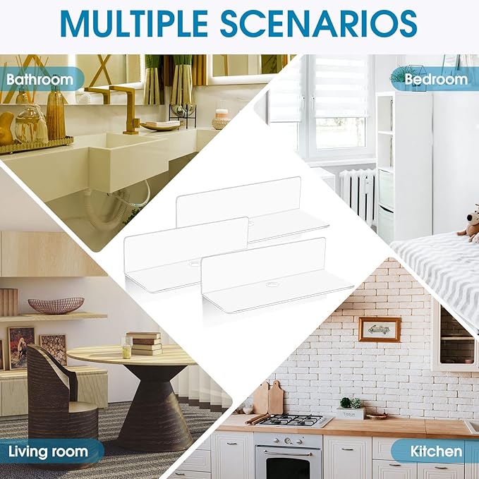 Maitys 8 Pcs Acrylic Floating Shelves 9 Inches Adhesive Wall Mounted Shelves No Drill Hanging Acrylic Wall Display for Living Room Bathroom Bedroom Kitchen Office