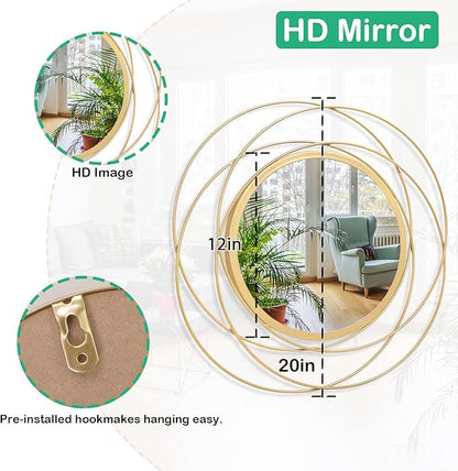 Gold Wall Mirror Mounted Round Decorative Mirrors with Iron Metal Wire Frame Mirror for Wall, Home Decorative Bathroom Vanity, Living Room or Bedroom White Small 20” x 20”