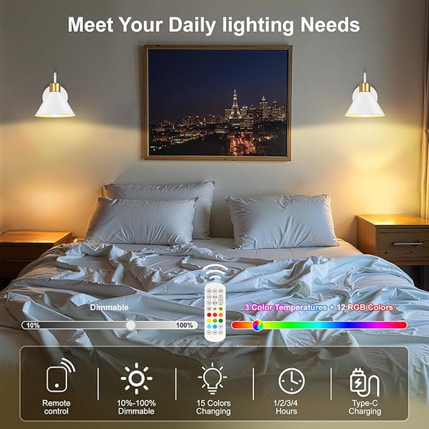 Frideko Rechargeable Battery Operated Wall Sconces Set of Two with Remote, RGB 15 Colors Dimmable White Wall Light, Indoor Battery Powered Wireless Sconce with 4 Timer for Living Room Bedroom