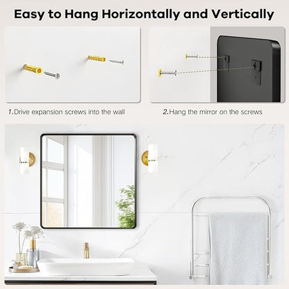 Bathroom Mirror for Over Sink - 24x24 Inch Black Matte Bathroom Mirrors for Vanity, Wall Mounted Rectangle Framed Mirror for Restroom, Fireplace, Living Room Decor