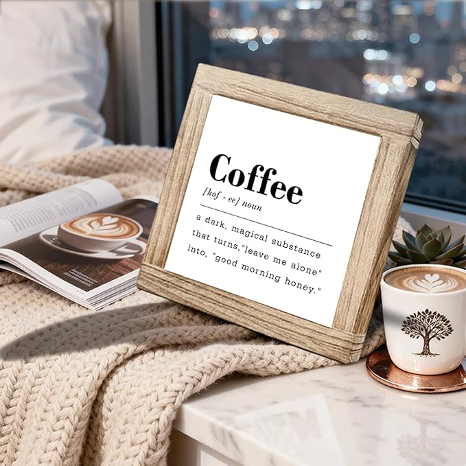 Wood Coffee Sign Funny Coffee Definition Sign Square Handmade Coffees Plaque For Kitchen Office Bar Decor Rustic Farmhouse Wall Art Wooden Coffees Bar Decor Signs 5.9x5.9 inches