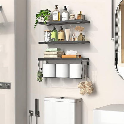Floating Bathroom Shelves Wall Mounted - Wooden Shelf Set of 3 for Over Toilet Storage & Modern Bathroom Decor - Perfect Wall Shelving Organizer for Apartments RVs Powder Rooms Restroom - Black