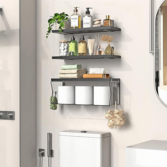 Floating Bathroom Shelves Wall Mounted - Wooden Shelf Set of 3 for Over Toilet Storage & Modern Bathroom Decor - Perfect Wall Shelving Organizer for Apartments RVs Powder Rooms Restroom - Black