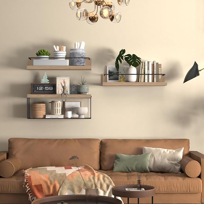 Bathroom Shelves Over Toilet for Wall, Floating Shelves with Storage Basket Paper Holer for Kitchen Living Room, Bedroom & Classroom, Set of 3 (Nature Wood)