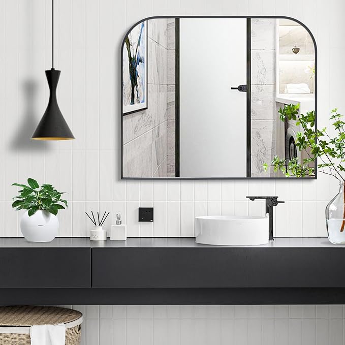 Modern Large Wall Mirror, Modern Mantel Minimalist Home Decor, Brushed Black Metal Framed Arched Mirror for Living Room, Bedroom, Fireplace, Mantle, Entryway, Bathroom, 36