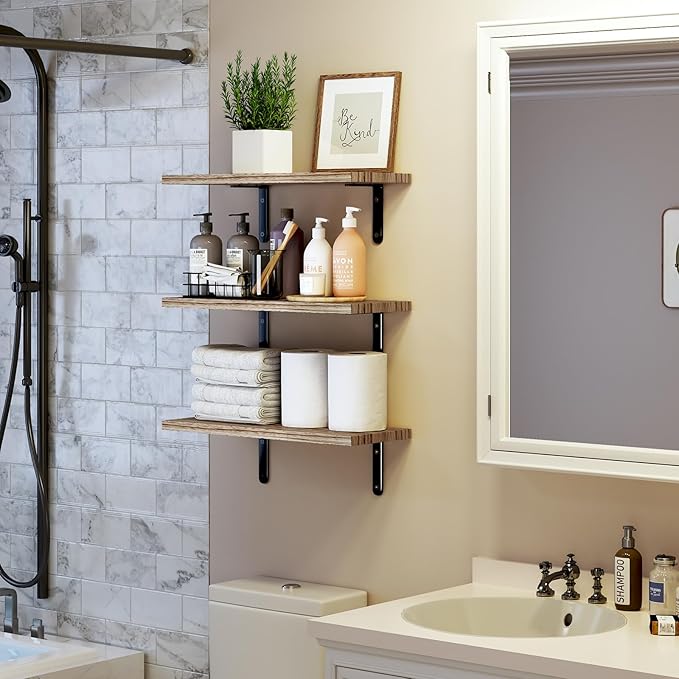 Fixwal Wall Floating Shelves for Room Decor, 4 Sets Floating Shelves for Wall Storage, Wood Wall Mounted Shelf for Bedroom Decor, Bathroom Storage, Book Shelf for Wall-Rustic Brown | for Room Decor, Floating Shelves, for Wall Storage, for Bedroom Decor...
