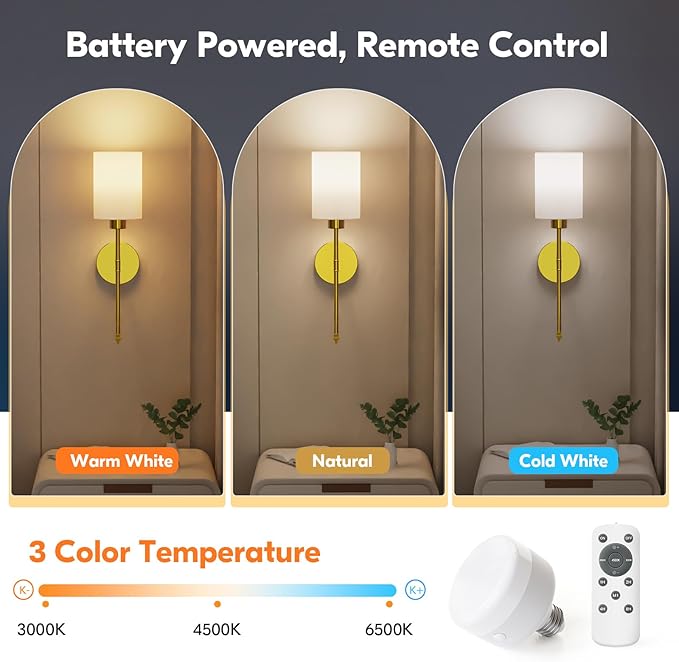 NIORSUN Battery Operated Wall Sconce Set of 2, Gold Wireless Rechargeable Wall Lights with 5200mAh Dimmable Detachable Bulbs and Remote, 9 Colors Sconces Wall Decor for Bedroom Living Room Hallway