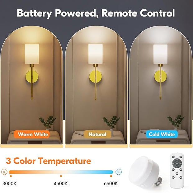 NIORSUN Battery Operated Wall Sconce Set of 2, Gold Wireless Rechargeable Wall Lights with 5200mAh Dimmable Detachable Bulbs and Remote, 9 Colors Sconces Wall Decor for Bedroom Living Room Hallway