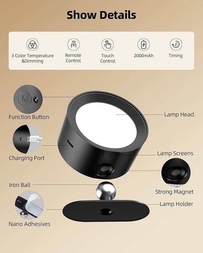 LED Wall Mounted Lights, Rechargeable Wall Sconces Lamp, 3 Color Temps & Remote and Touch, 360°Rotation Dimmable Cordless Wall Light for Study Bedroom Reading Bedside(Black, 1 Pack)
