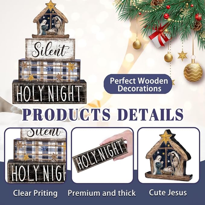 DIYDEC 4Pcs Christmas Table Decoration Christmas Jesus Wooden Block Sign Xmas Tiered Tray Decor Winter Centerpiece Decorative Sign for Holiday Tabletop Coffee Fireplace Shelf Desk Party Decor