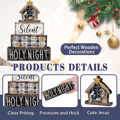 DIYDEC 4Pcs Christmas Table Decoration Christmas Jesus Wooden Block Sign Xmas Tiered Tray Decor Winter Centerpiece Decorative Sign for Holiday Tabletop Coffee Fireplace Shelf Desk Party Decor