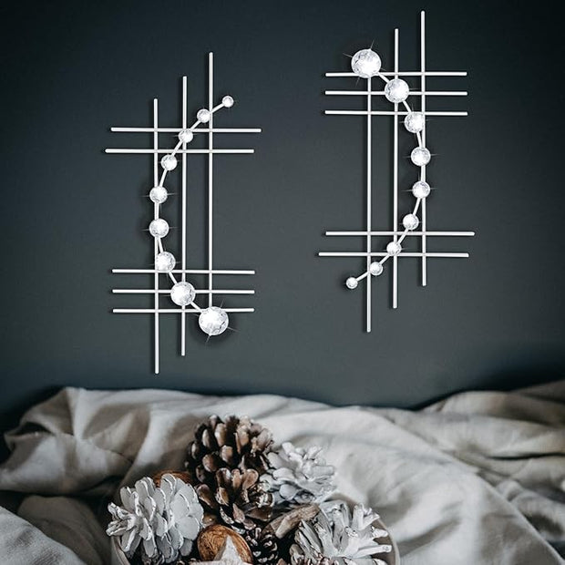 ZEXUIRU 2 Pack Silver Abstrac Wall Decor – Metal Crystal Wall Art with Sparkling Rhinestones, 16.5’’/24 Inch Wall Hanging Set for Living Room Bedroom Bathroom – Modern Bling Home Decorations