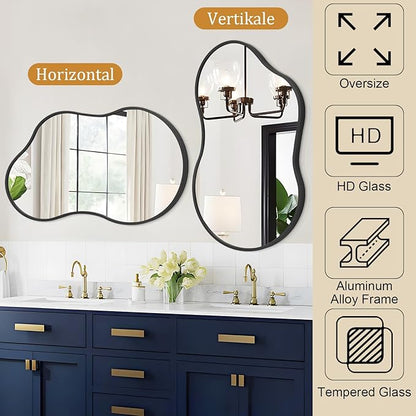 Irregular Wall Mirror, Wall Mirrors Decorative 26"x16" Black Asymmetrical Mirror Aviation Aluminum Alloy Frame for Bathroom, Living Room, Bedroom, Entryway
