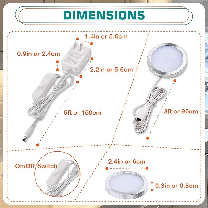 Single LED Kitchen Under Cabinet Puck Light, 120V Direct Wall Plug in Closet Cupboard Night Light, Easy to Mount, Inline On Off Switch, White Wires, 2 Packs, Warm White