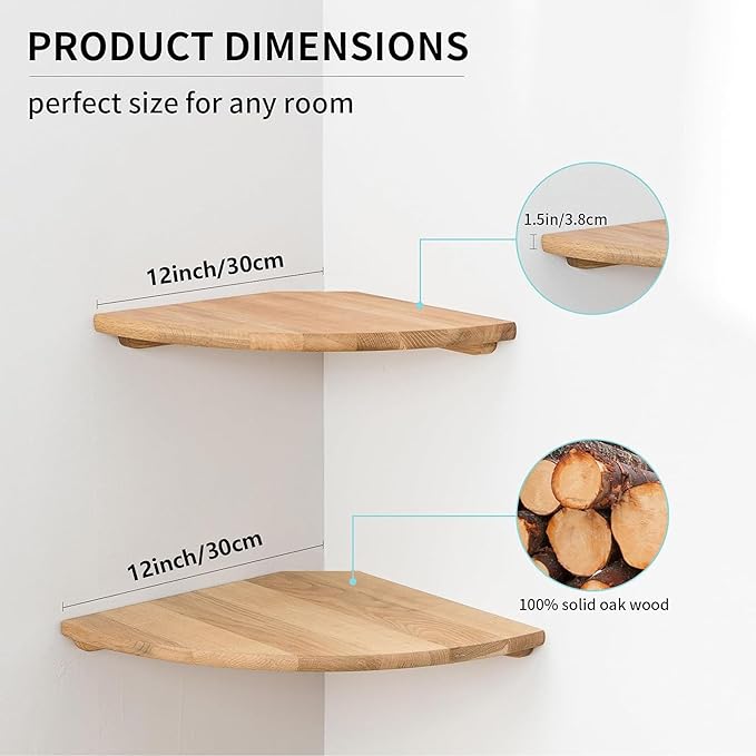 Corner Shelves Wall Mount, 12inch Oak Wood Floating Corner Shelves Set of 2 Round End Small Plant Shelf Wall Mount for Kitchen, Living Room, Bedroom