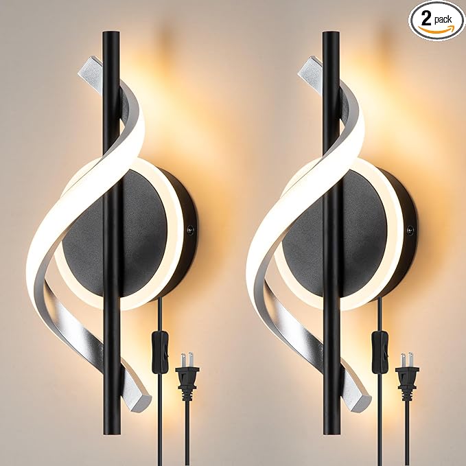 Black Plug in Wall Sconces Sets of 2, 12W Modern Spiral LED Wall Lamp, 3000K Warm White Wall Light Fixture for Stairs Living Room Bedroom Aisle Hallway