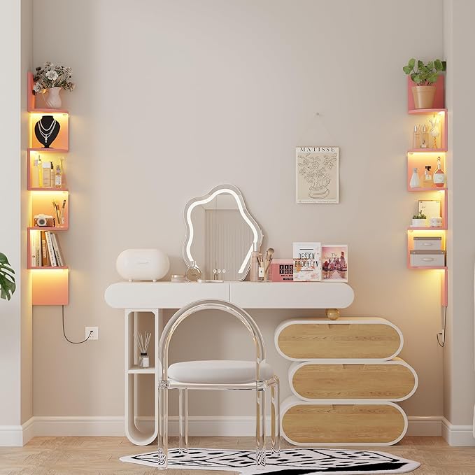 Corner Shelf Wall Mount with LED Light, 5 Tier Floating Corner Bookshelf, Plant Shelf for Bedroom, Floating Shelves for Wall, Display Stand for Living Room, Bathroom, Home Office, Pink