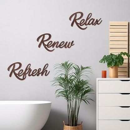 3 Pieces Bathroom Decor Wooden Bathroom Sign,Relax Renew Refresh Sign (Brown)