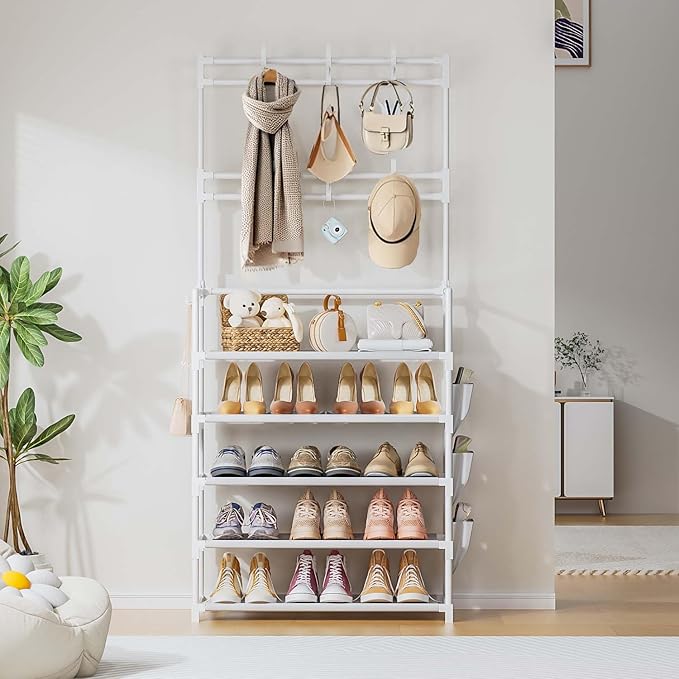 OYREL Shoe Rack 5 Tier Shoe Organizer Storage 15-20 Pairs Shoes Rack for Closet Entrance Shoe Rack Organizer with Hooks and Side Pocket Entryway Shoe Holder Space Saving Free Standing Shoe Racks